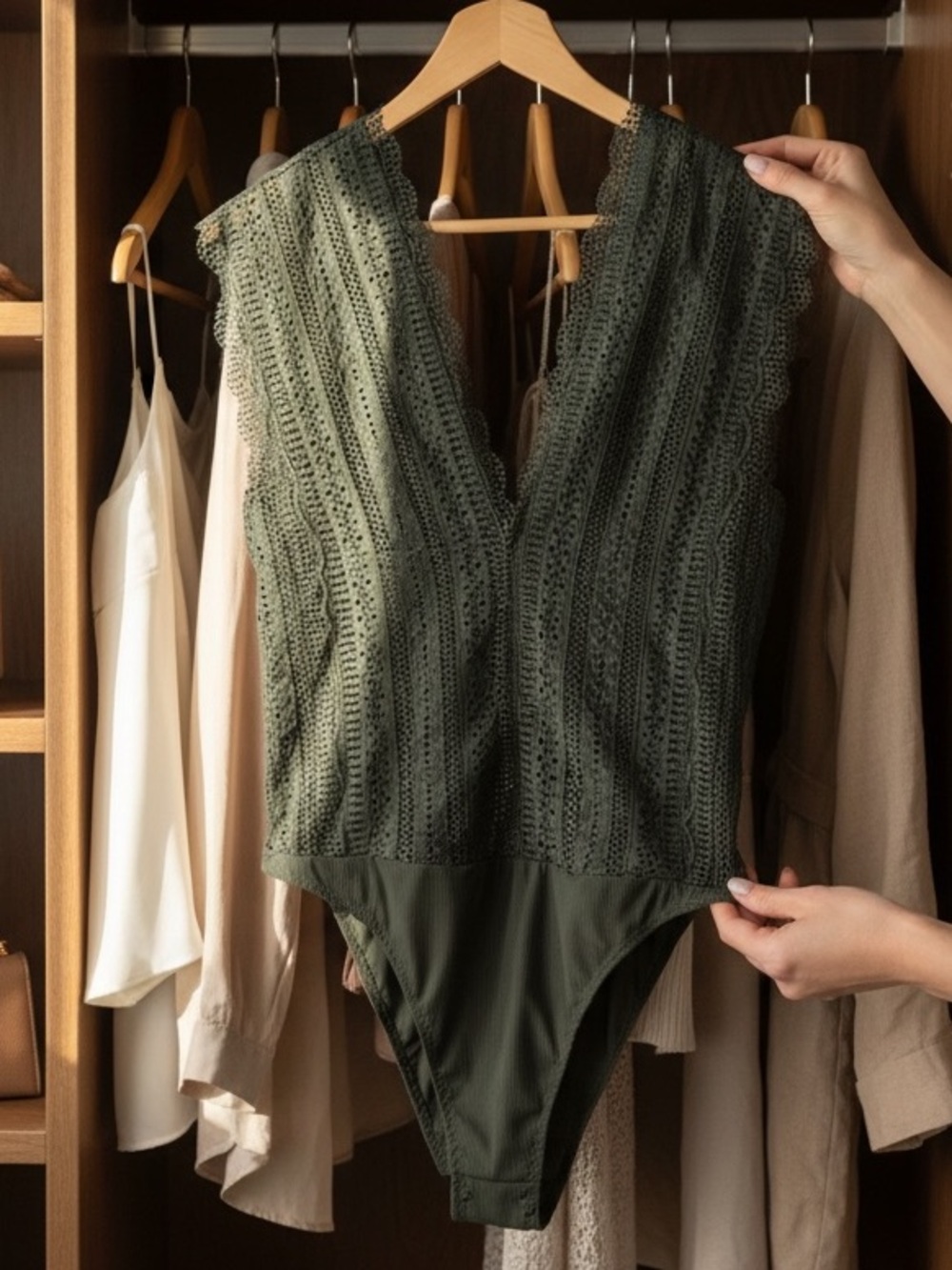 Zara Olive Green Crochet V-Neck Bodysuit